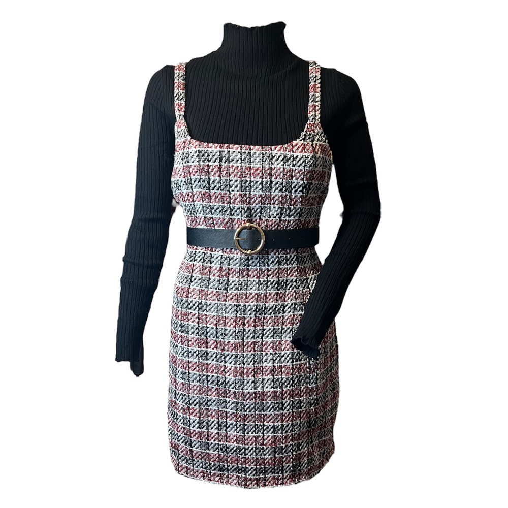 Forever 21- Tweed Red/Black/ & Off White Plaid Pinafore Dress (Size Med)